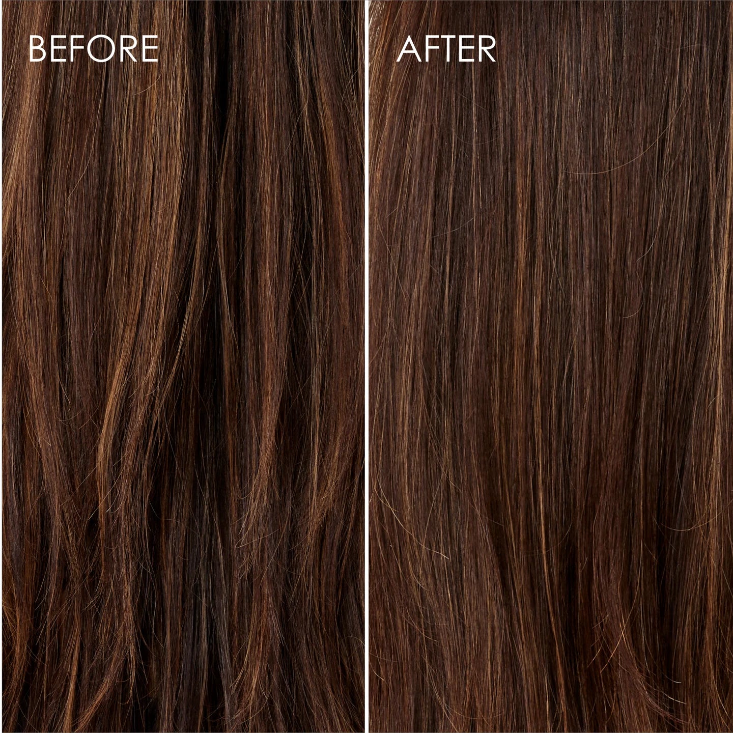 OLAPLEX No.3 Hair Perfector. Before & after use. Hair appears smoother and shiny.