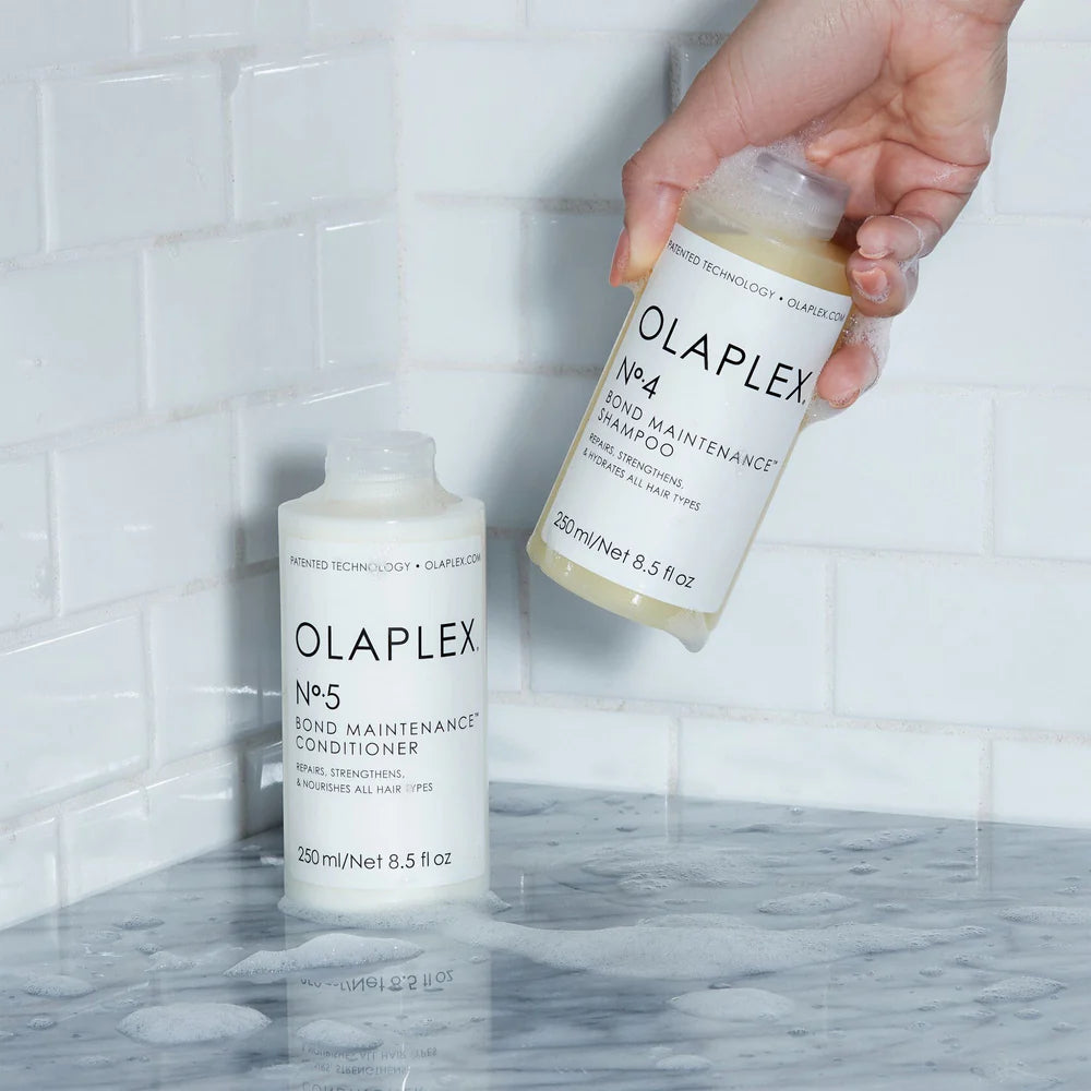 OLAPLEX No.5 Bond Maintenance Conditioner. Product in use in the shower.